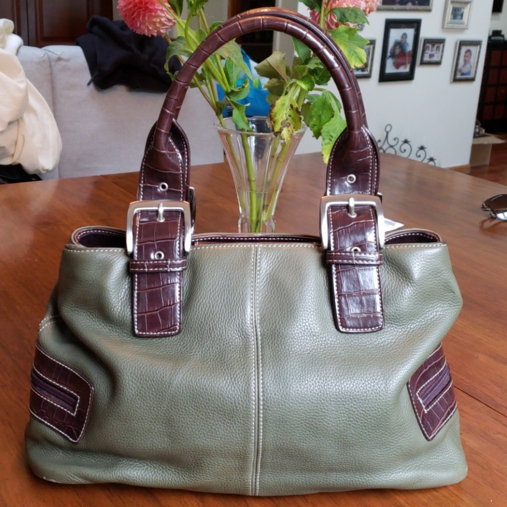 Tignanello Olive Green Pebbled Leather Satchel Bag